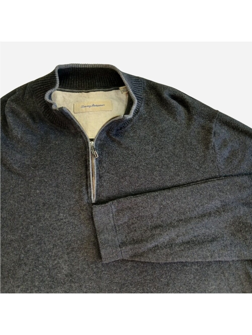 Tommy Bahama Mens XL Gray Cotton Cashmere Quarter Zip Sweater Pullover Dadcore